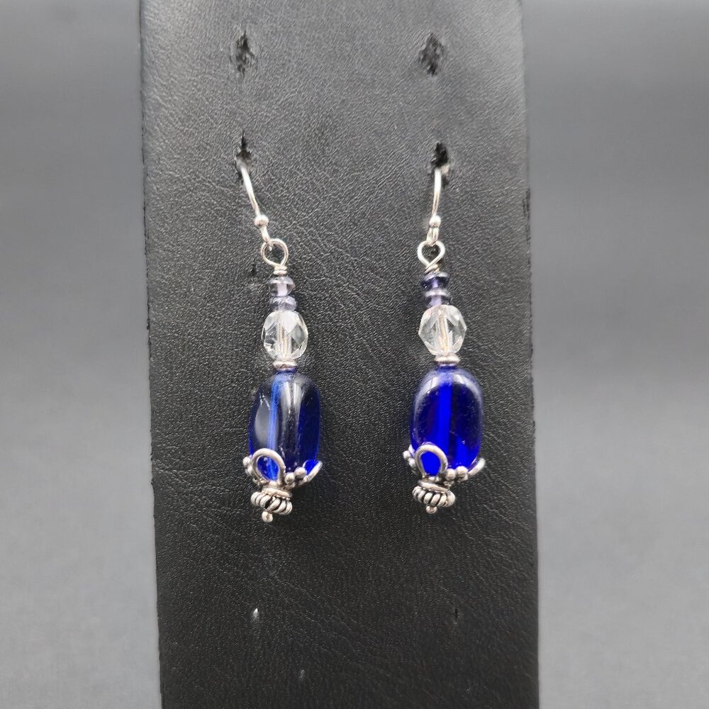 Sterling Silver Handmade Blue Glass Dangle Earrings A7255